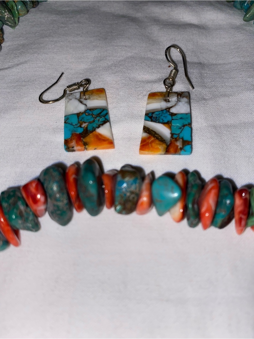 Turquoise and Coral Stone Bead Necklace with Matching Earrings - Picture 5 of 7